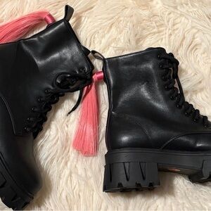 Dolls Kill Black Combat Boots with Pink Highlights